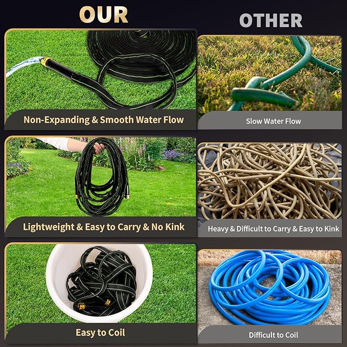 Garden Hose 50 ft Water Hose Flexible Heavy Duty Outdoor Lightweight No Kink Long Non-Expandable High Pressure Flat Hoses Pipe 100’ Strong 3/4’’ Brass Fitting for Outside Yard Lawn Car Wash