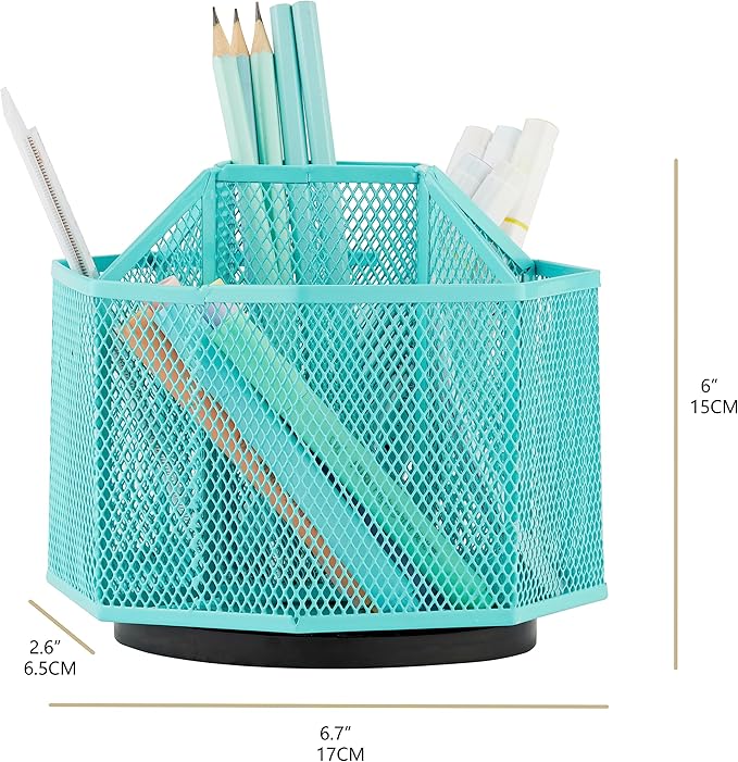 Annova Mesh Desk Organizer Rotate with 5 Compartments Spinning Tidy Candy/Pen Holder Office, Art Supply, Storage, Classroom, Home (Turquoise)