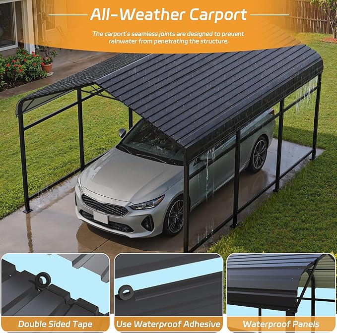 Patiowell 10x15 FT Metal Carport, Heavy Duty Outdoor Carport with Reinforced Frame and Galvanized Steel Roof, All-Weather Car Port Shelter for Car, Truck, Boat and Tractor, Black