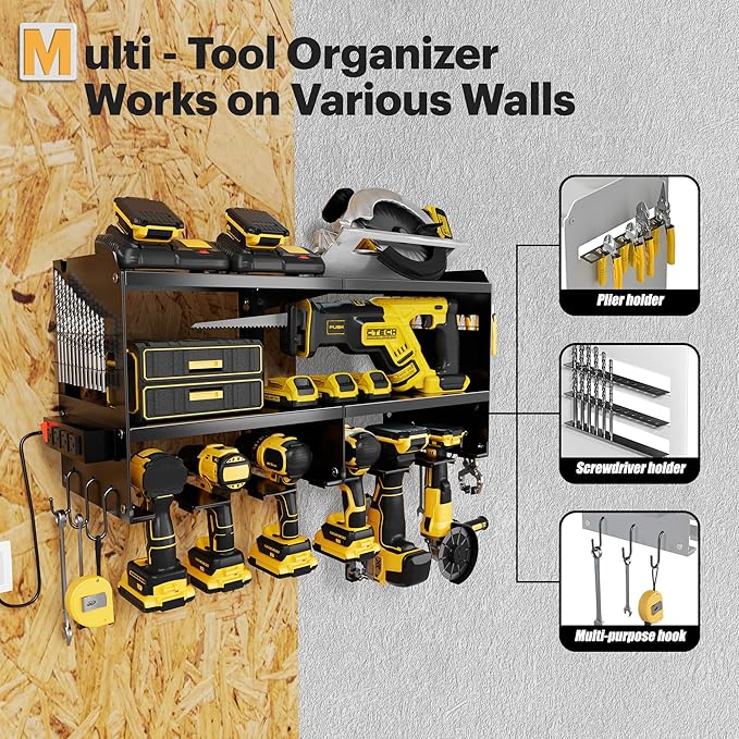 Power Tool Organizer Wall Mount with Charging Station, 3 Layer Heavy Duty Metal Tool Storage Rack Loads 420lbs with 6 Cordless Drill Holder, Idea Gifts for Men, Garage Workshop