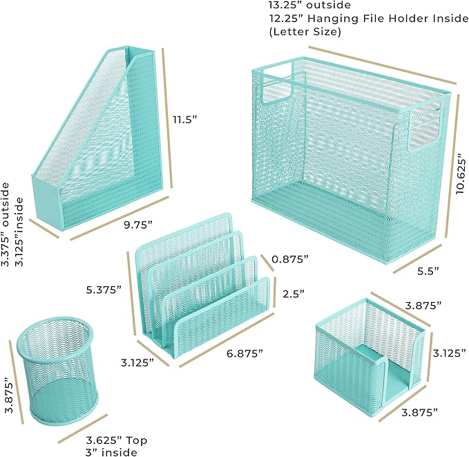 BLU MONACO Aqua Desk Organizer Set | 5-Piece Metal Office Supplies Set with Hanging File Organizer, Magazine Holder, Pen Cup, Sticky Note Holder & Letter Sorter | Cute Aqua Desk Accessories for Women