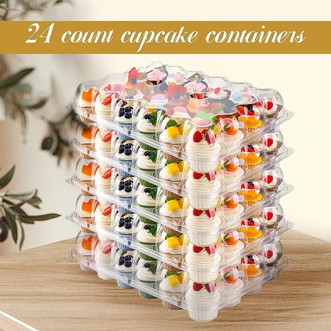 24 Count Cupcake Containers 5 pack Cupcake Holders Plastic Clear Reusable Cupcake Containers with Detachable Tall Dome Lids Stackable Cupcake Boxes for 120 Cupcakes, BPA Free, Standard Size