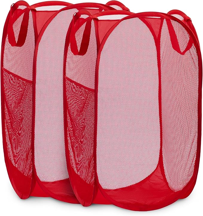 Handy Laundry Collapsible Mesh Pop Up Laundry Hamper 2-Pack – Space-Saving, Breathable Basket with Wide Opening & Side Pocket, Durable & Foldable for Clothes, Storage, Travel, Dorm, Red