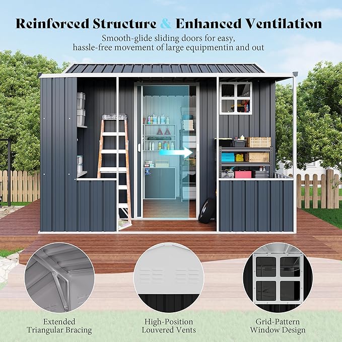 VanAcc 9x9x7 FT Metal Storage Shed, Dual-Zone Tool Shed with Work Area, Reinforced Frame, Gable Roof, Ventilated Design, Dark Grey