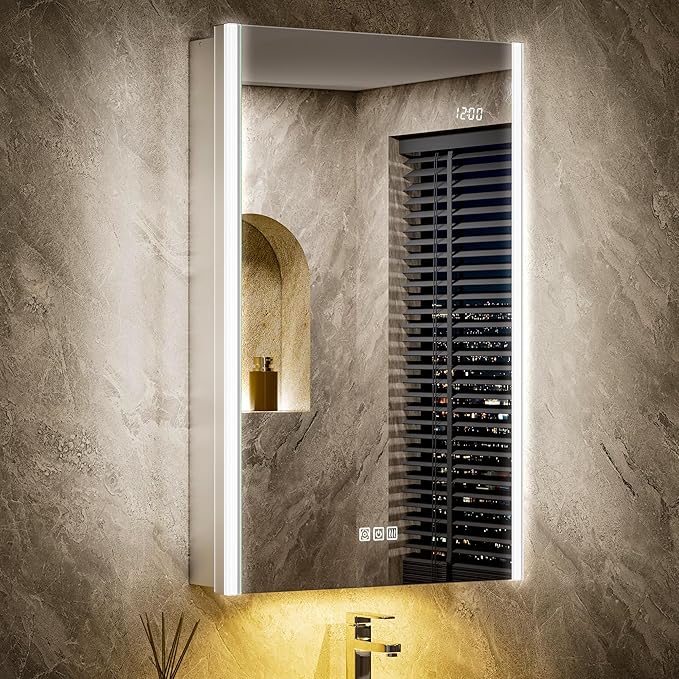 20x32 LED Bathroom Medicine Cabinet Mirror with Smart Night Lamp, Surface or Recessed Fogless Lighted Medicine Cabinet Mirror with Outlet &Clock,Built-in Sensor Light& Soft-Close Right-Hinge
