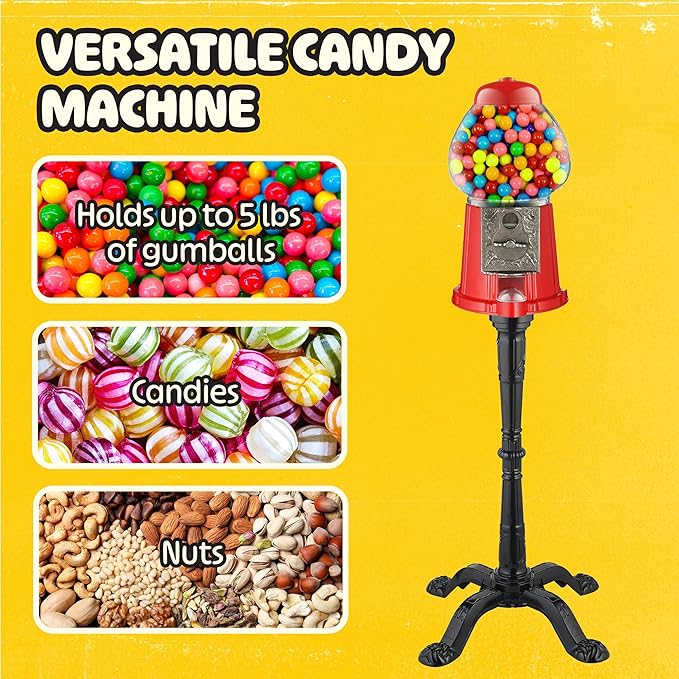 15” Gumball Machine with Stand and Coin Bank - Bubble Gum Machine Candy Dispenser Vending Machine with Glass Globe and Metal Base - Vintage Style Gum Ball Machine by Great Northern Popcorn (Red)