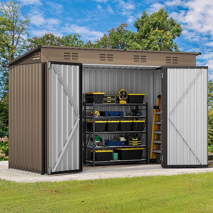 DWVO 9' x 4' Outdoor Storage Shed, Large Metal Tool Sheds, Heavy Duty Storage House with Lockable Doors & Air Vent for Backyard Patio Lawn to Store Bikes, Tools, Lawnmowers, Brown