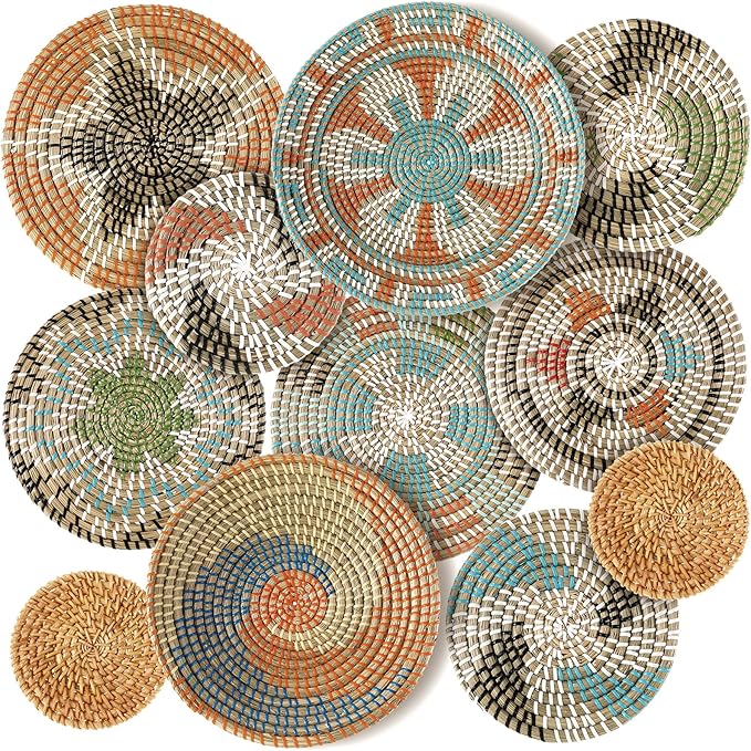 Tatuo 11 Pcs Boho Wall Basket Decor Decorative Bulrush Woven Basket Wall Decor Art Round Farmhouse Hanging Baskets for Kitchen Rustic Home Summer Decorations, Multi Sizes(Farmhouse)