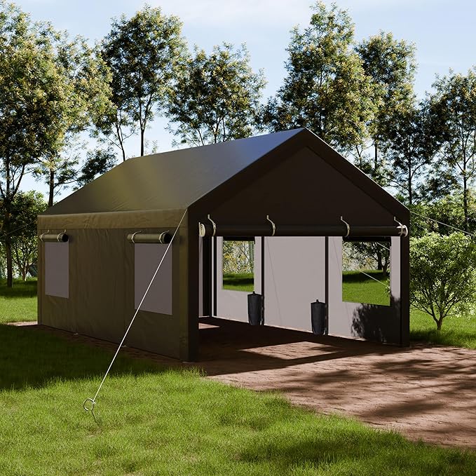 Shintenchi Carport 10' x 20' Heavy Duty Portable Garage, Carport Canopy with Side-Opening Door & Roll-Up Windows, Car Canopy for Truck,Car,Grey