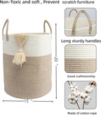Woven Cotton Rope Laundry basket-15”X20” Laundry Hamper-Rope Storage Basket for Dirty Clothes, Toys and Blankets Perfect for Bathroom, Baby nursery and Living Room Storage (white and brown)