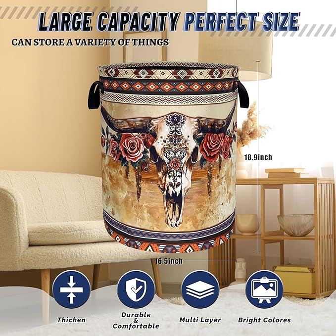 Boho Longhorn Cattle Skull Laundry Basket Oxford Cloth Tribal Laundry Hamper With Handle Foldable Portable Clothes Storage Basket Funny Laundry Bag 18.9"x16.5" For Laundry Room/Bedroom/Bathrooms