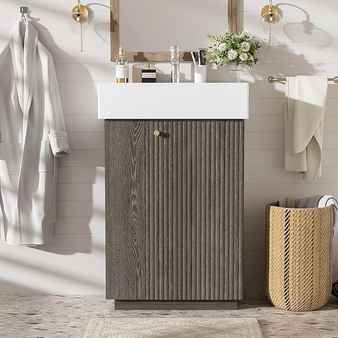 21.6" Small Fluted Bathroom Vanity with Sink,Soft Closing Doors and Storage Shelves,Natural Wood Single Bathroom Sink Cabinet Combo Freestanding,Dark Grey