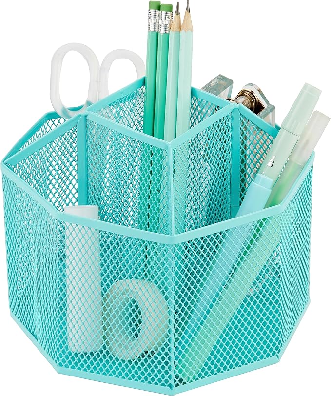 Annova Mesh Desk Organizer Rotate with 5 Compartments Spinning Tidy Candy/Pen Holder Office, Art Supply, Storage, Classroom, Home (Turquoise)