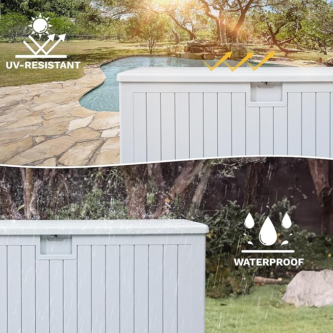 DWVO 230 Gallon Resin Outdoor Storage Box, XXL Double-Wall Waterproof Deck Box with Divider, Doubles as Table or Seating with 1000 lbs Capacity, Lockable (Grayish-White)