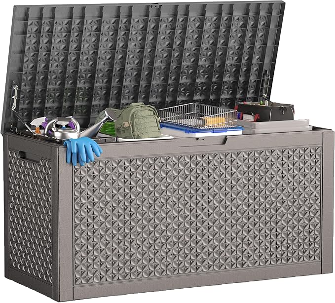 110 Gallon Outdoor Storage Box,Large Waterproof Resin Deck Box,Lockable Storage Container with Reinforced Support for Patio Cushions,Garden Tools,UV-Resistant(Grey,110Gallon)