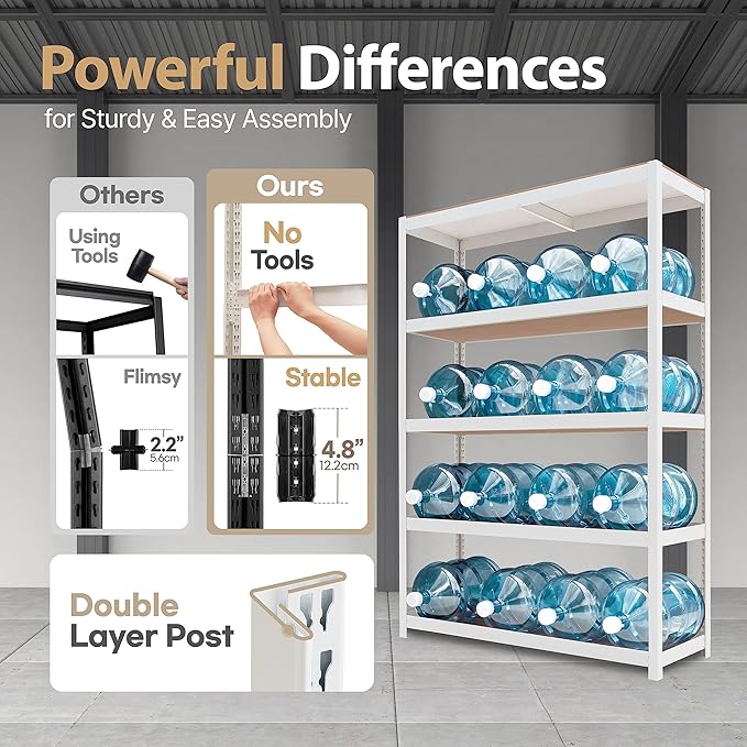 HOMEDANT House 5 Tier Heavy Duty Garage Shelving Adjustable Metal Rack Storage Shelves Standing Shelf Unit Organizers Pantry Closet Office (1, White, 48.1" W x 24.4" D)