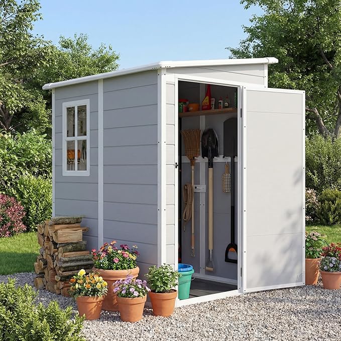 Devoko 5x4 FT Plastic Storage Shed with Floor, Waterproof Resin Outdoor Tool Shed with Lockable Door, Outside Garden Shed for Backyard Patio Lawn, Light Grey