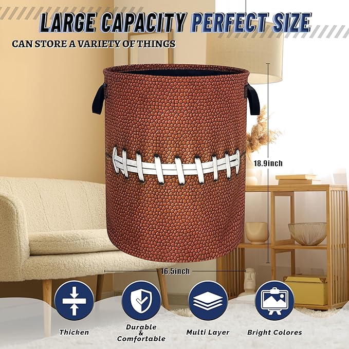 Funny Football Laundry Basket Oxford Cloth Ball Texture Laundry Hamper With Handle Foldable Portable Clothes Storage Basket Football Laundry Bag 18.9"x16.5" For Laundry Room/Bedroom/Bathrooms