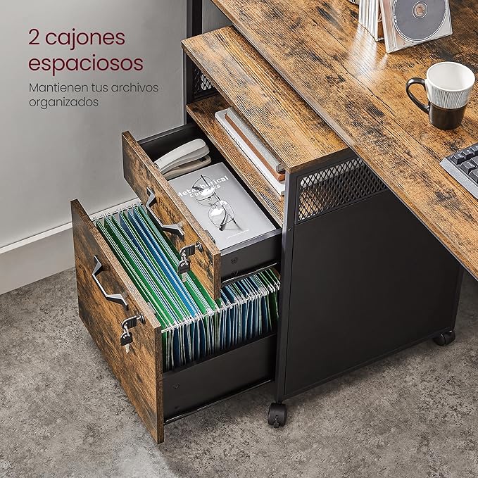 VASAGLE File Cabinet, Mobile Filing Cabinet on Wheels, for Home Office, 2 Lockable Drawers, for A4, Letter-Size Hanging File Folders, Open Shelf, Steel Frame, Rustic Brown and Ink Black UOFC077B01