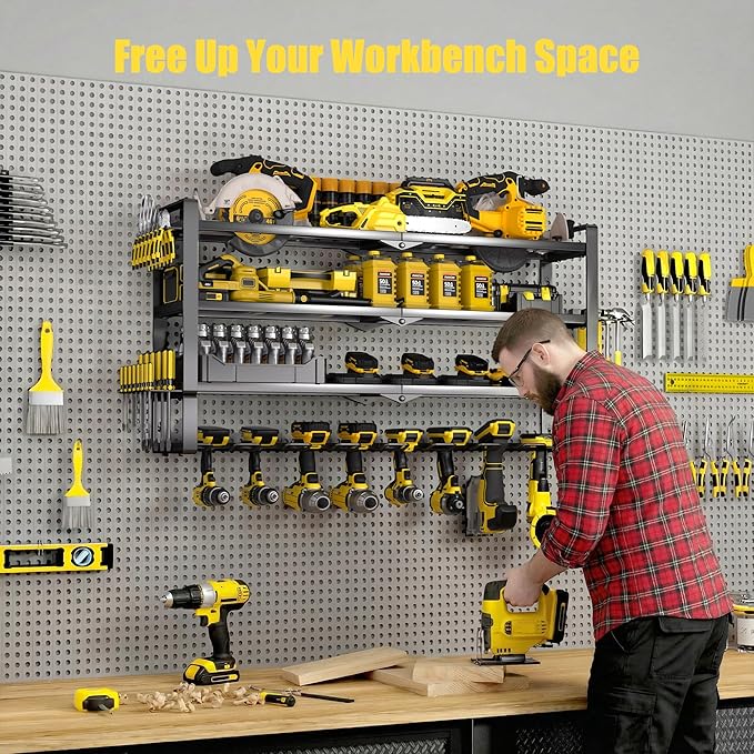 Large Power Tool Organizer Wall Mount, 4-Tier Heavy Duty Metal Storage Rack Loads 400lbs, Battery Tools Hanger with 8 Cordless Drill Holder for Garage, Workshop, Pegboard, Shed