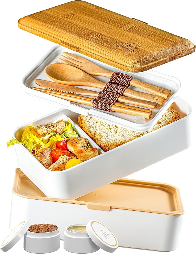 Umami Bento Box Adult All-In-1 w/4 Utensils, Big Sauce Jar, 2 Dividers, 100% Leakproof, Microwave & Dishwasher Safe Stackable Bento Lunch Box Containers for Men/Women, Black & Bamboo, 40 oz