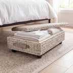 happimess BSK1006C 26.38" Chett Minimalist Hand-Woven Hyacinth/Wood Underbed Storage Bin with Wheels and Handles for Storage and Decoration in Bathroom, Bedroom, Closet,Entryway,Guest Room, White Wash