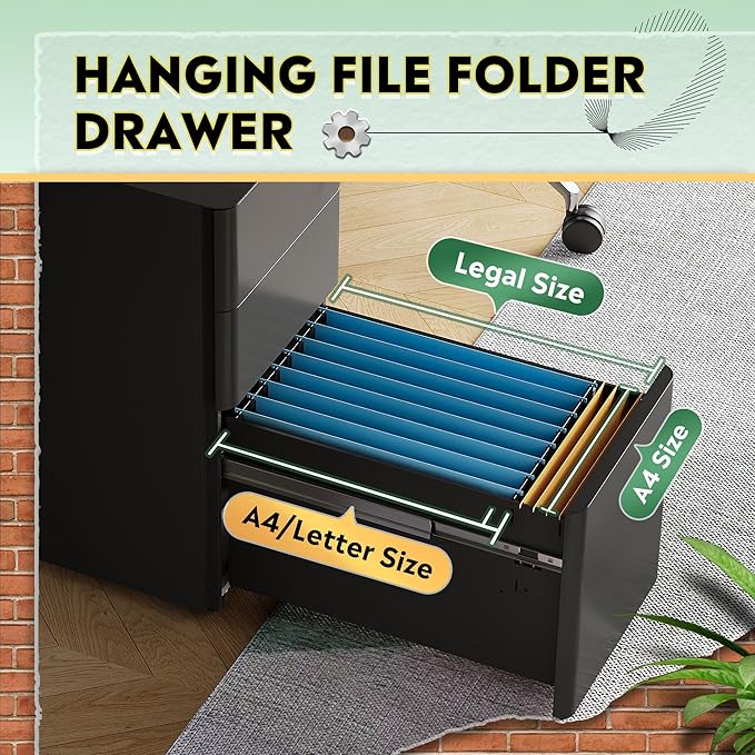 DEVAISE 3-Drawer Slim File Cabinet, Small Mobile Filing Cainet with Lock for Home Office, Fits Letter/Legal/A4 Size, 11.8 x 17.7 x 23.2 Inches (Pre-Assembled, Black)