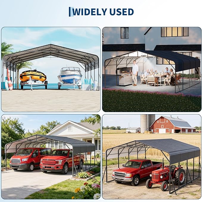 20x20FT Heavy Duty Metal Carport w/Led Light,Outdoor Portable Car Garage,Reinforced Base & Galvanized Steel Roof, Outdoor Car Port Canopy Shelter for Boats, Full-Sized Pickup Trucks