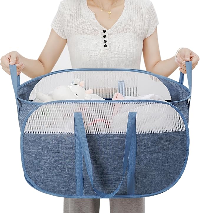 Pop-Up Laundry Basket，collapsible Mesh Laundry Hamper– With Extended Shoulder Straps, Sturdy Handles, and Premium Cationic Fabric (blue)…