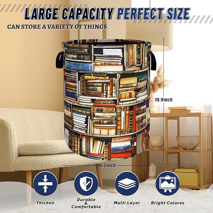 Retro Wooden Bookshelf Laundry Basket Oxford Cloth Books Laundry Hamper With Handle Foldable Portable Clothes Storage Basket Funny Laundry Bag 18.9"x16.5" For Laundry Room/Bedroom/Bathrooms