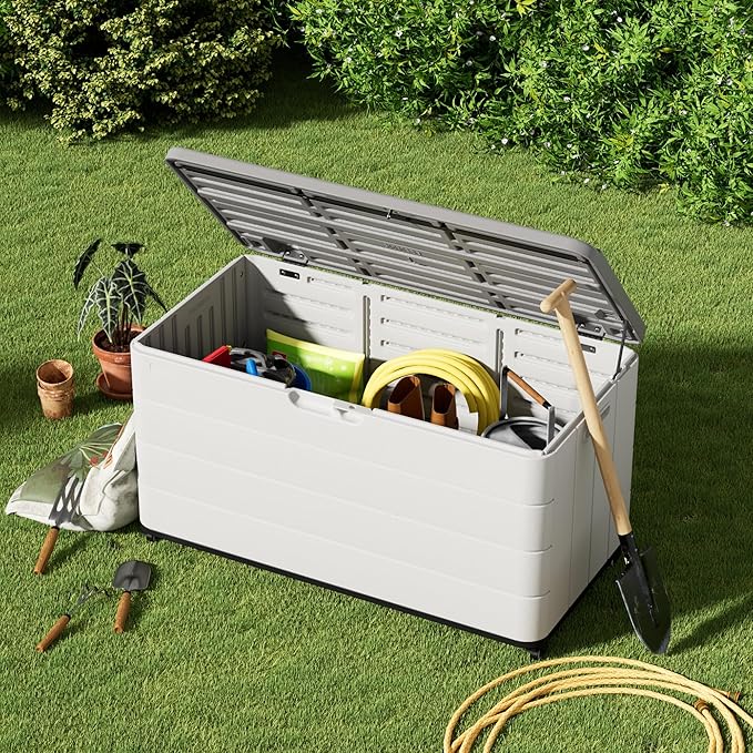 110 Gallon Deck Box Waterproof with Wheels - Mobile Double-Wall Resin Outdoor Storage Box for Patio, Pool, & Garden - Lockable Deck Storage for Cushions, Pool Floats, Boat Slip (Off-White)