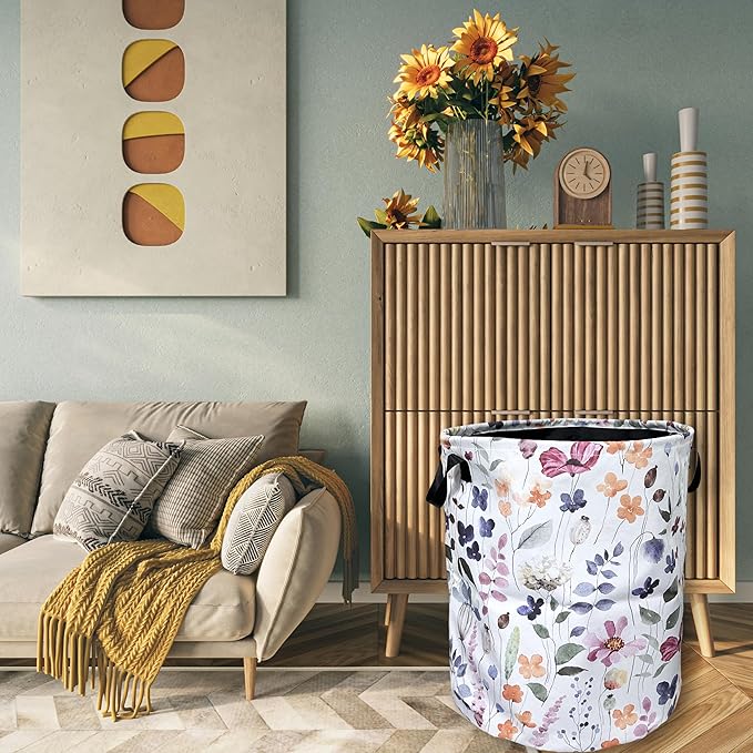 Watercolor Floral Laundry Basket Foldable With Handles Tote Bag Oxford Cloth Cute Flowers Laundry Hamper Clothes Storage Bucket Toy Organizer 18.9" x 16.5" For Bathroom/Laundry/Bedroom