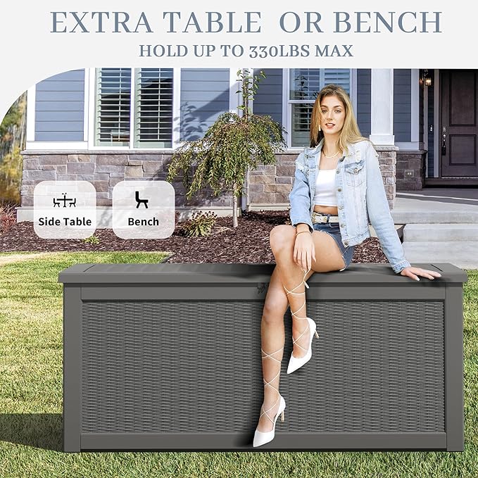 320 Gallon Outdoor Storage Box, Resin Deck Boxes Outdoor Waterproof For Patio Furniture, Garden Tools, Pool Supplies, Lockable And UV Resistant (Rattan Gray)