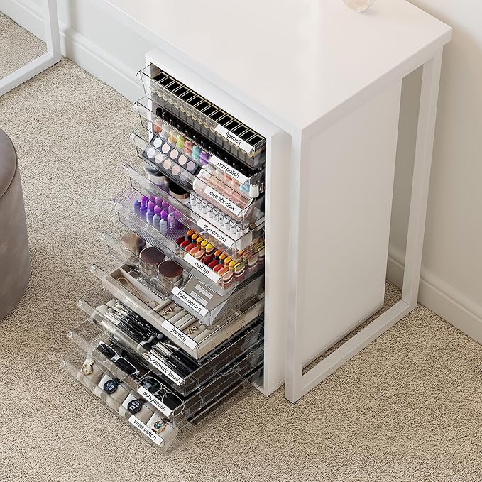 WOPITUES Storage Drawer Cart, Mobile Storage Cabinet, Makeup Storage with 10 Large Clear Drawers, Utility Wooden Rolling Cart on Wheels, for Cosmetic, Art Craft, Office Supplies, Toy, White
