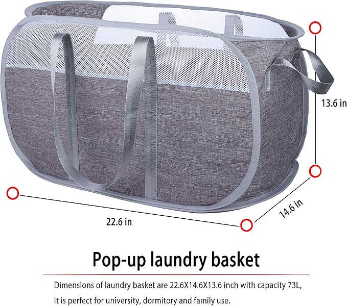 Pop Up Laundry Hamper，with Durable Handles collapsible laundry basket，Easy to Open and Fold for college Dorm,kids room，travel (2 gray)…