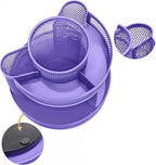 Annova Mesh Desk Organizer Rotate with 5 Compartments Round Spinning Tidy Candy/Pen Holder Desk Accessories Office, Art Supply, Storage, Classroom, Home (Purple)