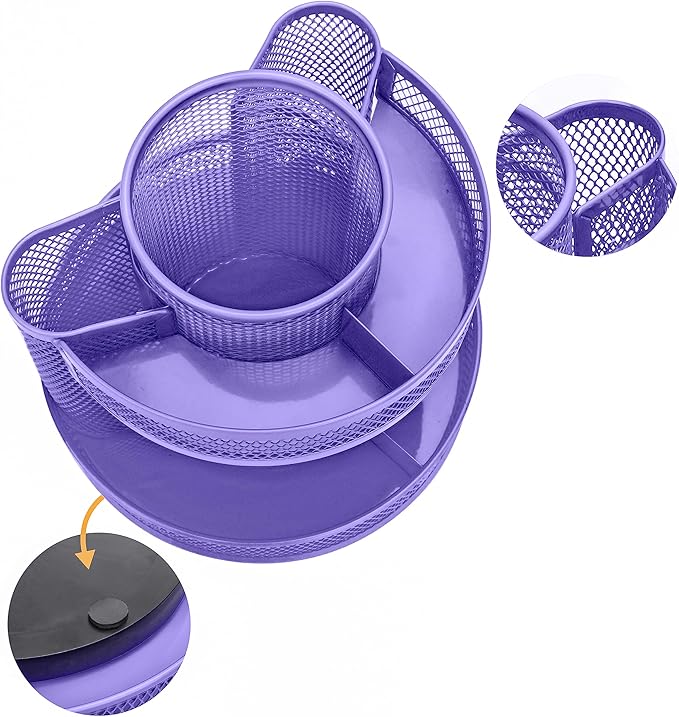 Annova Mesh Desk Organizer Rotate with 5 Compartments Round Spinning Tidy Candy/Pen Holder Desk Accessories Office, Art Supply, Storage, Classroom, Home (Purple)
