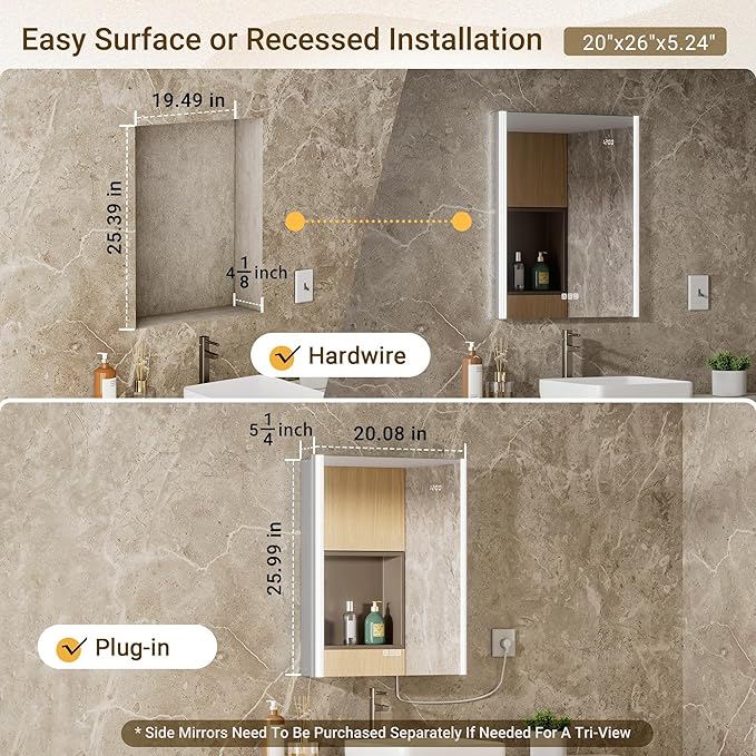 20x26 LED Bathroom Medicine Cabinet Mirror with Smart Night Lamp, Surface or Recessed Fogless Lighted Medicine Cabinet Mirror with Outlet &Clock,Built-in Sensor Light& Soft-Close Right-Hinge