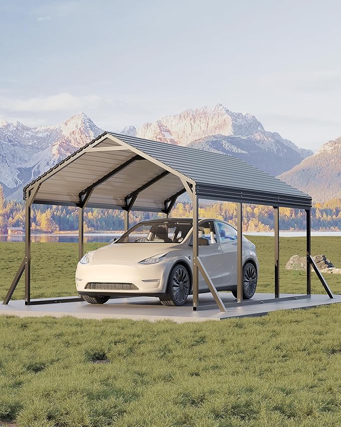 Garvee 10x15x9 ft Metal Carport, Car Port with Reinforced Frame and Steel Roof for All-Weather Use, Permanent Shelter for Sedans, SUVs, or Boats
