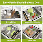 JASIWAY Dish Drying Rack, Roll Up Dryer Rack for Inside Sink, Expandable (12.8"-23.8" D x 15.5" W) 304 Stainless Steel Dish Drainers for Kitchen Counter, Over Sink Cover with Utensil Holder