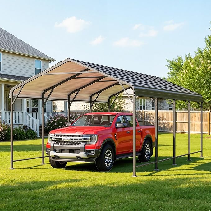 12' x 20' Carport, Heavy Duty Carport with Updated Roof & Enhanced Base, All Weather Steel Car Port, Multi-Use Car Port Garage, Metal Carports for Car, Truck, Boat, Tractors, Party, Grey