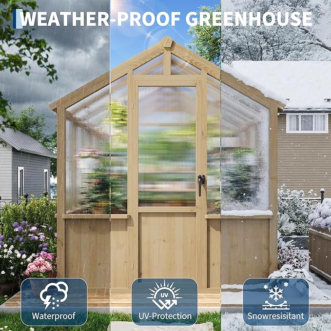 Heavy Duty Spruce Frame Wooden Greenhouse – Walk-in Outdoor Garden Outdoor Storage with Polycarbonate Panels, Adjustable Roof Vents, Lockable Door, Spacious Storage, Ideal for Patio, Lawn, 6x8