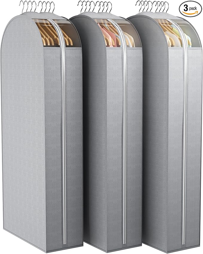 10" Gusseted Garment Bags for Hanging Clothes with Clear Window 50" Suit Bags for Open Closet Storage, Clothing Cover for Coat, Dress, Jacket, Shirt, Fur Wardrobe Protector, 3 Packs