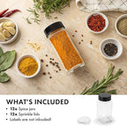 Glass Spice Jars and Black Stainless Steel Lids (12 x 4oz) Spice Containers with Shaker Inserts - Add-On Pack Without Labels or Accessories