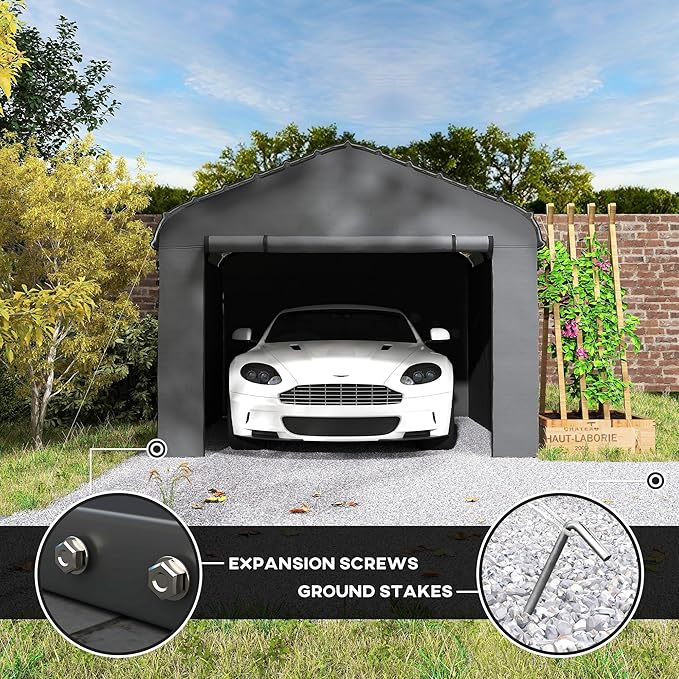 Outsunny 12' x 20' Heavy Duty Metal Carport, Waterproof Garage Car Canopy Shelter with Galvanized Metal Roof and Removable Sidewalls for Cars, Boats, Tractors, Dark Gray