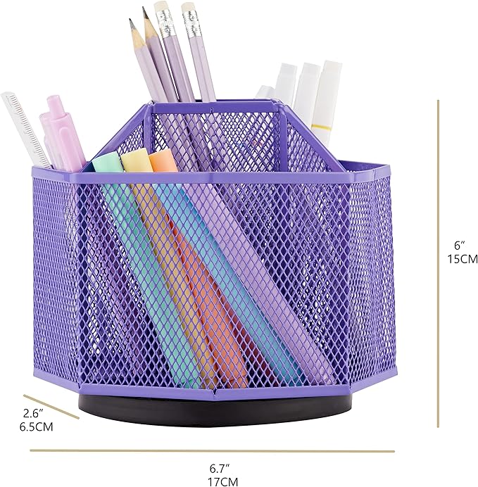 Annova Mesh Desk Organizer Rotate with 5 Compartments Spinning Tidy Candy/Pen Holder Office, Art Supply, Storage, Classroom, Home (Purple)