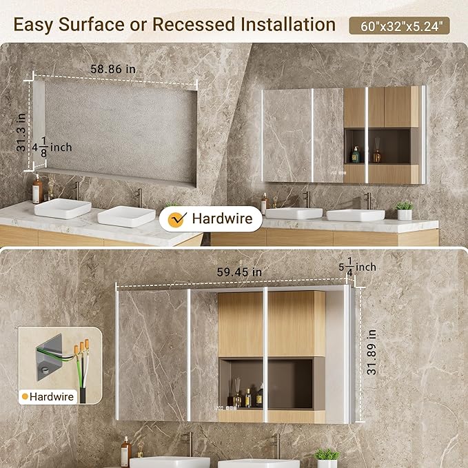 60x32 Lighted Medicine Cabinet Mirror with Magnifying & Night Lamp, 155° Soft-Close Hinge, Surface or Recessed Medicine Cabinet with Lights & Outlet, GFCI,Time Display& Inner Light,Hardwired