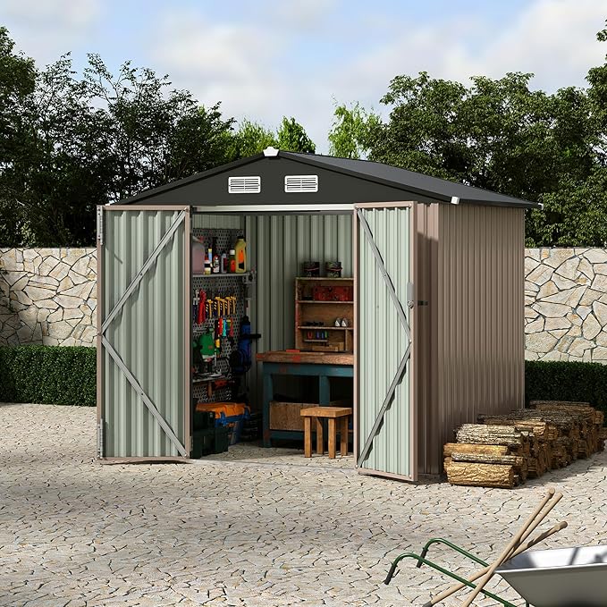 8x6ft Heavy Duty Outdoor Storage Shed, Metal Tool Shelter with Lockable Doors, Air Vents, Large Weatherproof Utility Building for Backyard Patio Lawn – Wind & Rain Resistant, UV Protection
