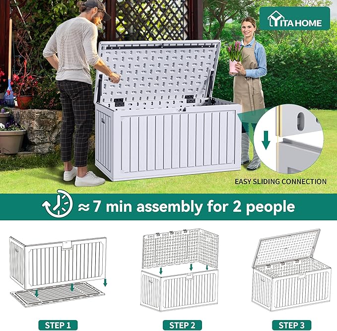 YITAHOME 90 Gallon Large Deck Box, Double-Wall Resin Outdoor Storage Boxes, Deck Storage for Patio Furniture, Cushions, Pool Float, Garden Tools, Lockable & Waterproof (White)