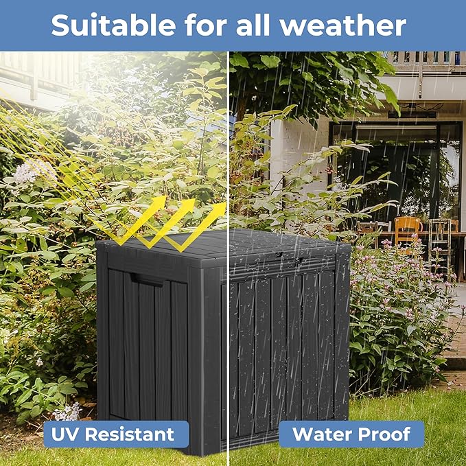 35 Gallon Resin Deck Box, Waterproof Outdoor Storage Bin for Patio, Poolside, and Garden, Lockable & UV-Resistant, Ideal for Small Spaces, Black